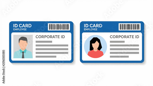 Illustration of two corporate ID cards with male and female silhouettes on a white background.