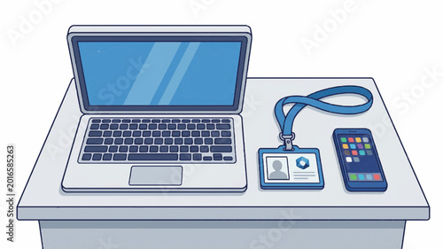 Flat lay of a laptop computer, employee ID badge, and TV remote control on a desk with a blue screen and white background.