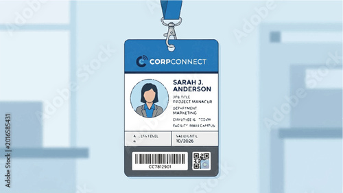 Close-up of a CorpConnect employee ID badge on a lanyard against a blurred office background with cool tones.