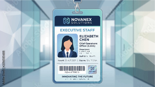 Close-up of a corporate executive staff ID card with a woman's portrait in a modern office corridor with blue tones.