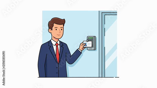 Cartoon businessman using a keycard to unlock a door in a modern office building.