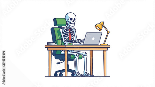 A skeleton works on a laptop at a desk with a green chair and lamp in a minimalist setting.