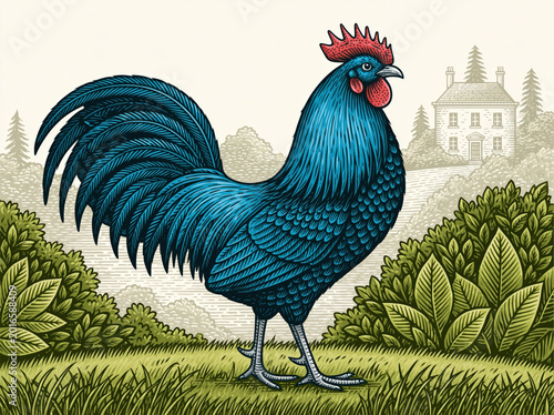 Vintage woodcut style illustration of a blue rooster with a red comb in a rustic country farm landscape created with Generative AI Technology, ai, generative