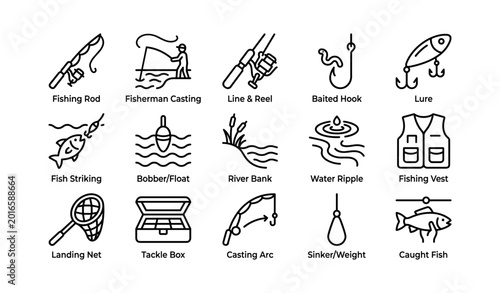 Fishing icons illustrating gear and actions on white background