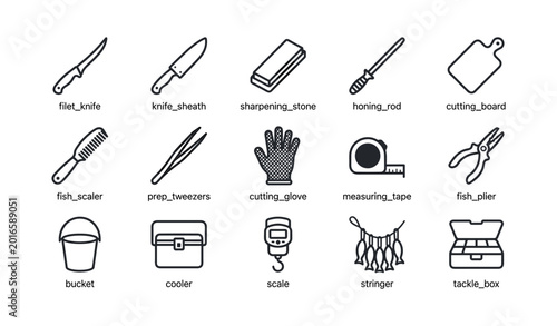 Fishing and filleting icons showing tools and equipment on white