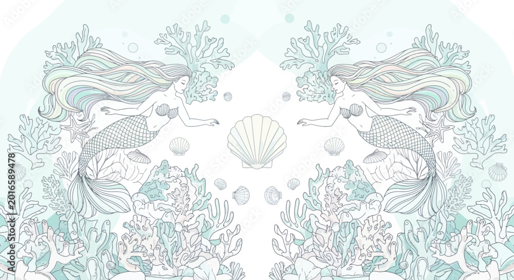 Fototapeta premium serene mermaids swim among colorful coral reefs and seashells underwater scene