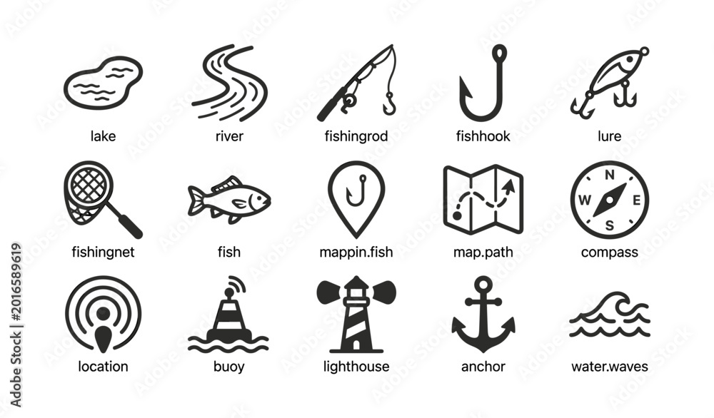 Fototapeta premium Fishing navigation and safety icons grouped on white background