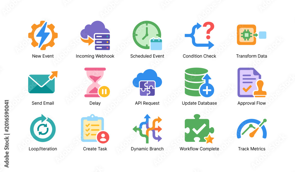 Fototapeta premium Workflow icons showing automation actions in grid layout