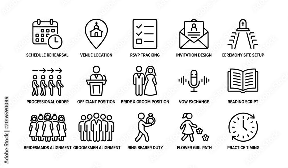 Fototapeta premium Wedding ceremony planning icons arranged on white background