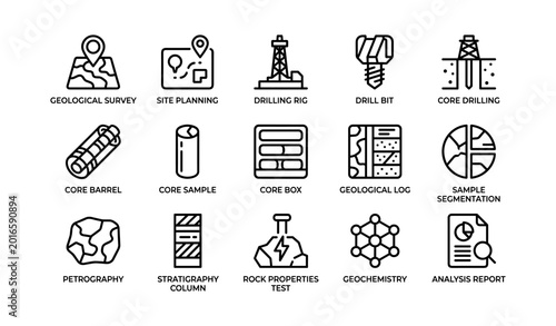 Geological drilling icons showing survey core samples analysis