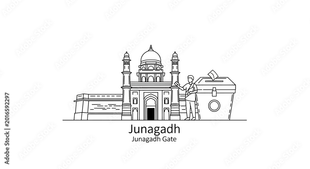 Fototapeta premium Junagadh Gate landmark and voter casting ballot box icon