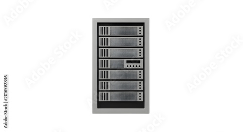modern black server rack with multiple silver equipment units and digital interfaces