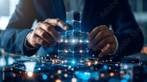 Obraz na płótnie Hands of a businessman assembling a glowing digital puzzle cube, representing complex problem solving and innovative technology solutions.