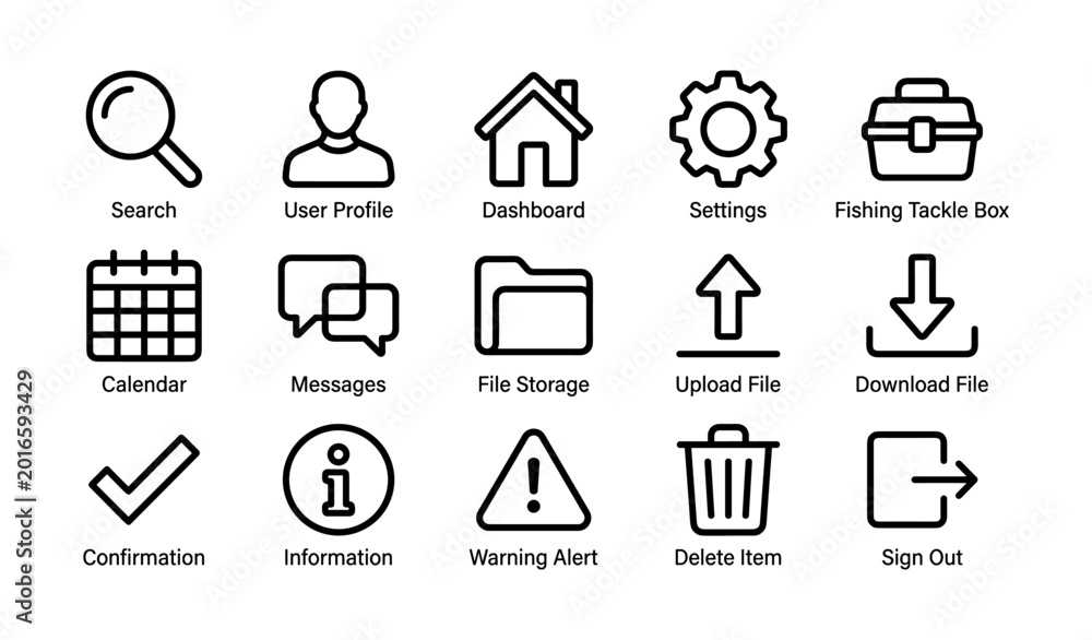 Fototapeta premium Black outline interface icons arranged in labeled grid on white