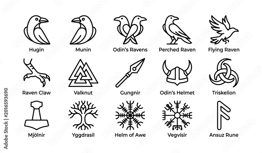 Obraz premium Norse mythology icons arranged in rows on white background