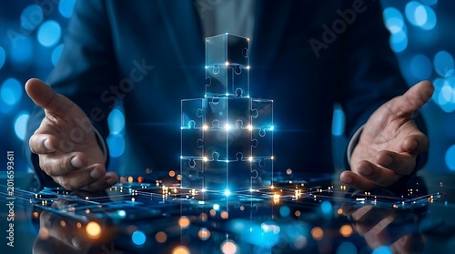 Businessman's hands forming a glowing puzzle structure symbolizing teamwork, strategy, and innovative solutions on a digital network background.