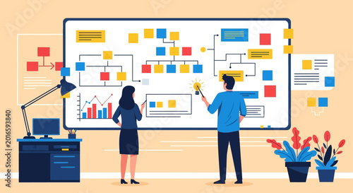 business team analyzing project strategy and data visualization on a large whiteboard illustrating workflow diagrams and growth charts.