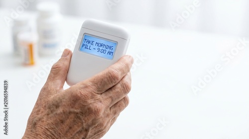 Senior Hand Holds Digital Pill Reminder for Health Management and Medication Adherence