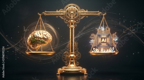 Conceptual 3D Render of Golden Scale Balancing Brain and AI Chip