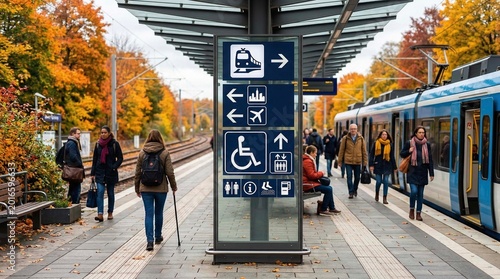 Public transit wayfinding signage, clear navigation, autumn station, user-friendly design, accessible mobility 