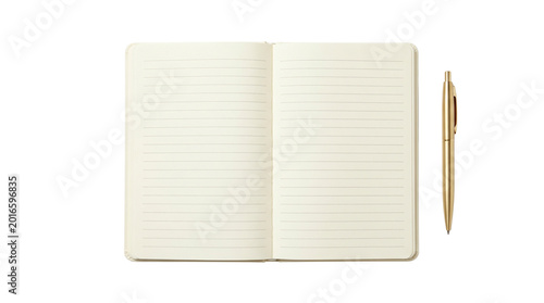 Open notebook and gold pen isolated on transparent background png