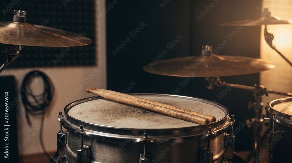 Obraz premium Rock Music: Wooden Drumstick on Snare Drum with Warm Stage Light Background