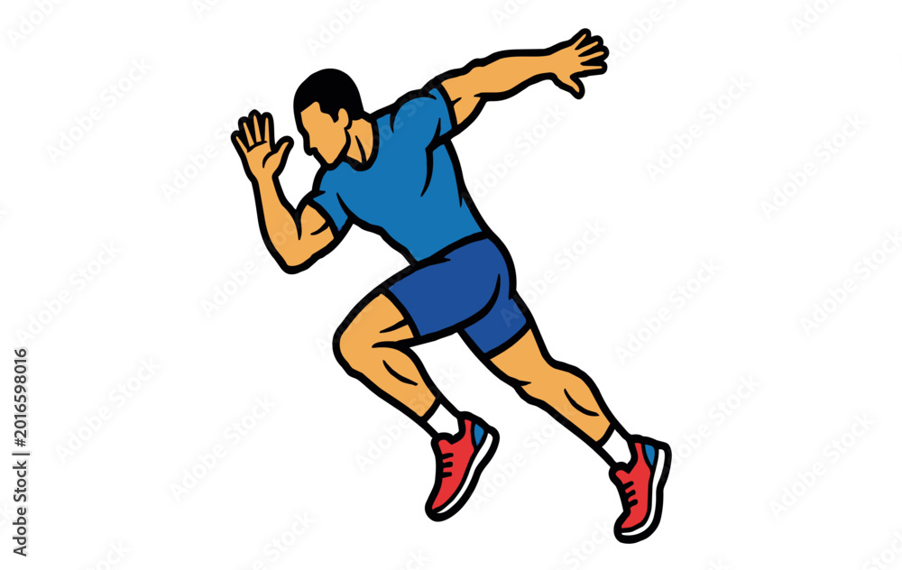 Obraz premium Dynamic male athlete character sprinting in professional running pose with detailed athletic wear and five finger hands.