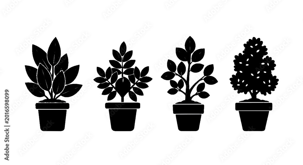Fototapeta premium Vector illustration of set of potted plants silhouettes, indoor house plants in pots, vector illustration on a transparent background