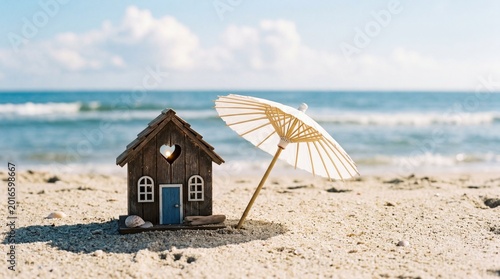 A small wooden house miniature with a heart-shaped window and a paper umbrella on a sandy beach, summer vacation home, coastal real estate concept, romantic travel destination.