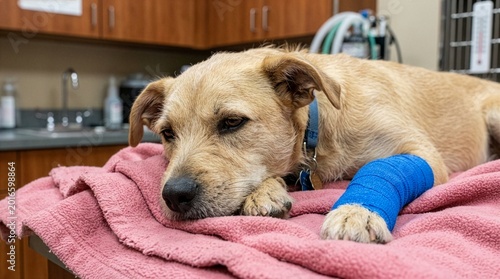 A light brown dog rests its head on a pink towel showcasing a bright blue medical wrap on its front leg, veterinary rehabilitation industry, animal injury recovery concept, pet orthopedic care theme.