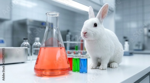 A white rabbit sits on a lab workbench beside a flask of orange liquid and vials of colored chemicals, scientific research industry, cosmetic animal testing concept, pharmaceutical development theme.