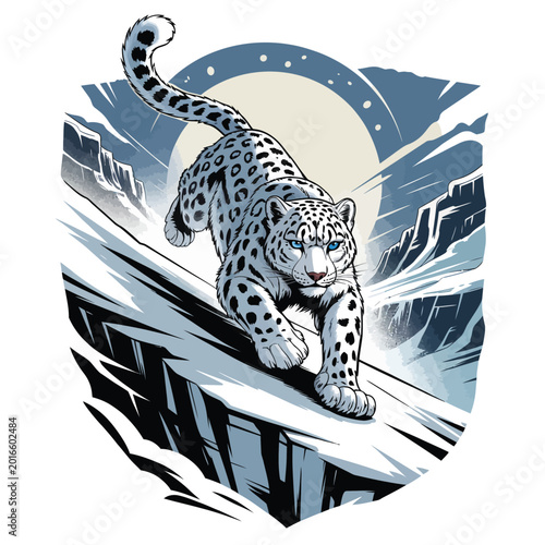 Foto Snow leopard in mountainous terrain running.