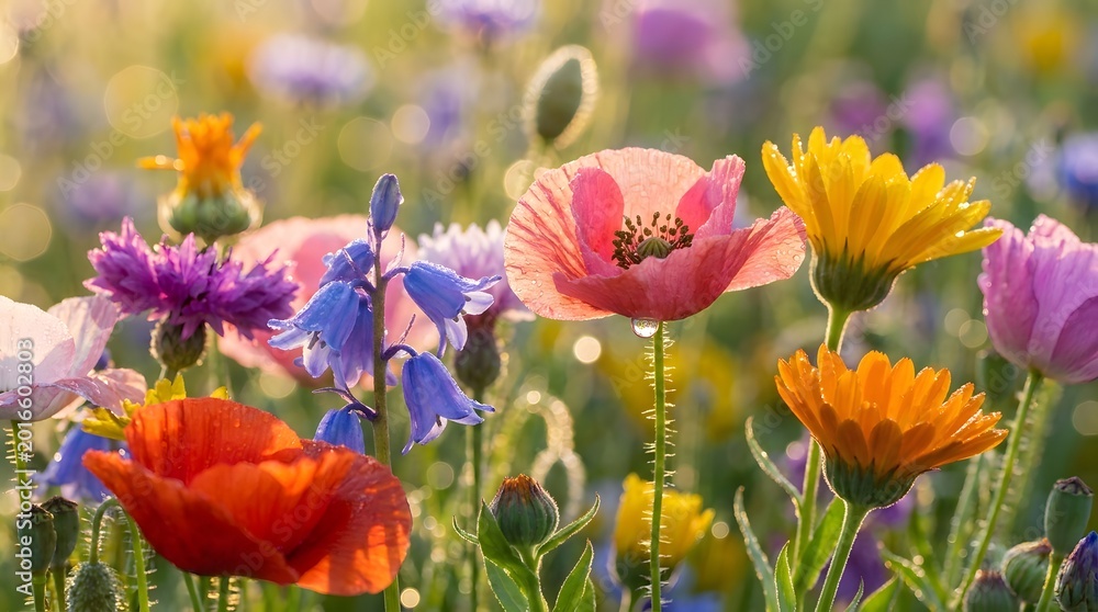Fototapeta premium Colorful Blooming Flowers Macro Photography with Dew Drops