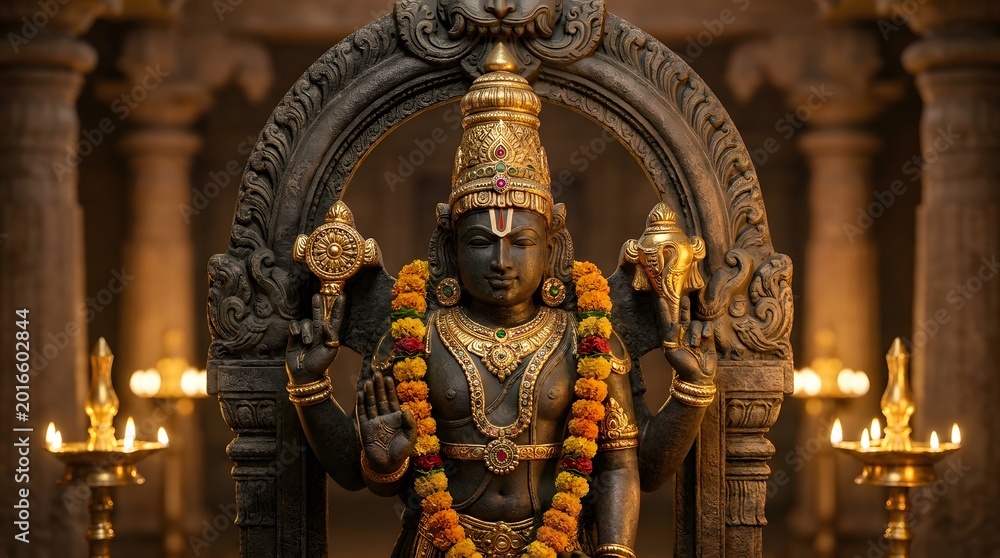Obraz premium Hindu deity statue with garland standing.