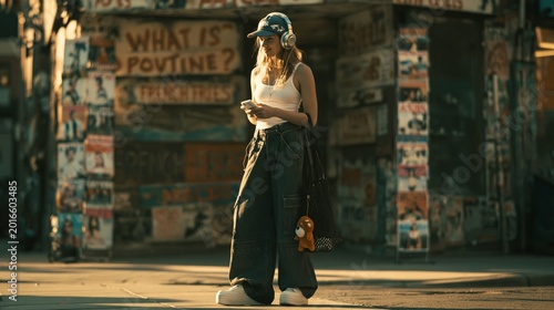 stylish young woman on urban street in cinematic vintage fashion portrait