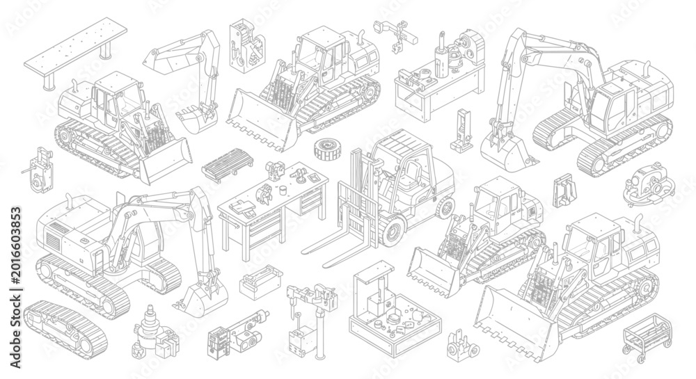 Obraz premium isometric line art collection of heavy machinery construction equipment and industrial vehicles with workshop tools for engineering.
