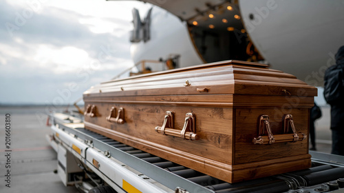 Solemn Farewell: A wooden casket rests upon a transport, poised for its final journey, set against the backdrop of an aircraft at an airport, symbolizing the solemnity of farewell.