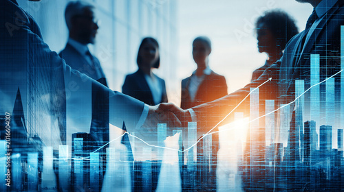Strategic Alliance: A group of business people, a testament to partnerships, seals a deal with a firm handshake.