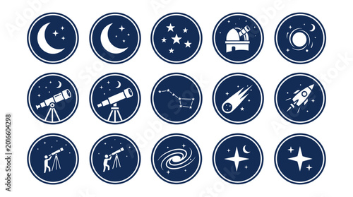 Photos Diverse Space Icon Circles in Deep Blue Badges.