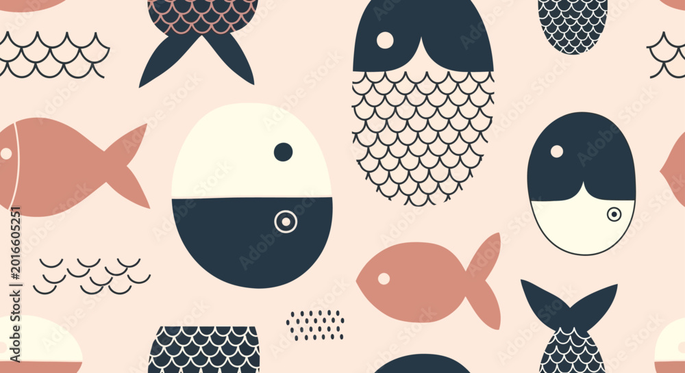 Fototapeta premium cute fish seamless pattern with waves and scales cartoon style playful illustration