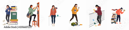 Tableau sur toile Illustration set of a female student experiencing academic stress, studying with books, flashcards, and heavy workloads in various situations