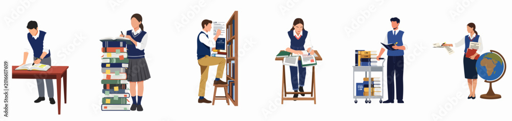 Fototapeta premium Collection of law students studying, researching legal cases, and reading books in a university library setting, flat vector illustration.