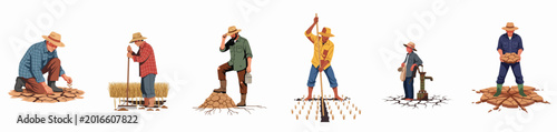 Bild auf Leinwand Illustration set of farmers struggling with drought, parched soil, and water scarcity in various agricultural scenes, isolated on a white background