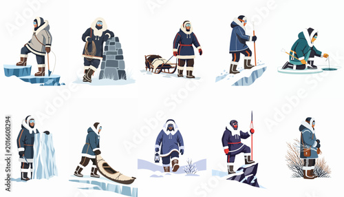 Photography Collection of flat vector illustrations showing indigenous Arctic people in traditional fur clothing performing various activities like ice fishing, sledging, and trekking