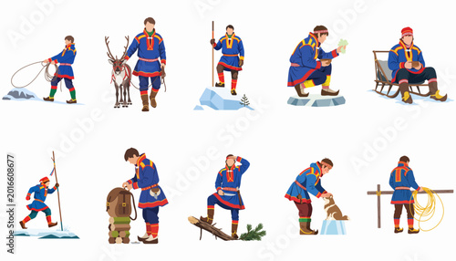 Fotografie Illustrations of Sami people in traditional gakti clothing engaged in various activities like reindeer herding, sledging, and trekking in the Arctic wilderness