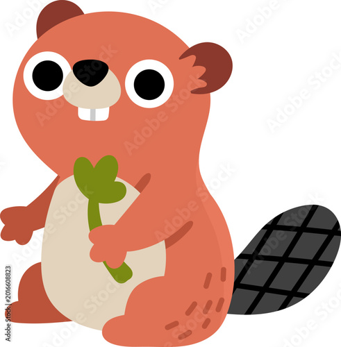Vector cartoon little brown beaver nibbling wood log isolated on white background. Funny animalistic clipart. Cute forest animal child icon for kids. Flat woodland element. Woods wildlife illustration
