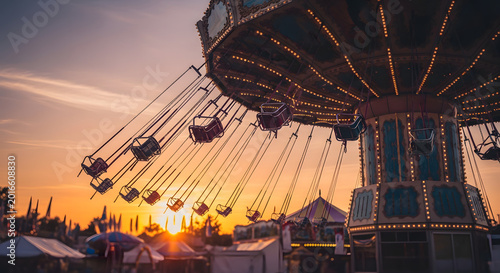 Carnival swing ride at golden sunset fairground