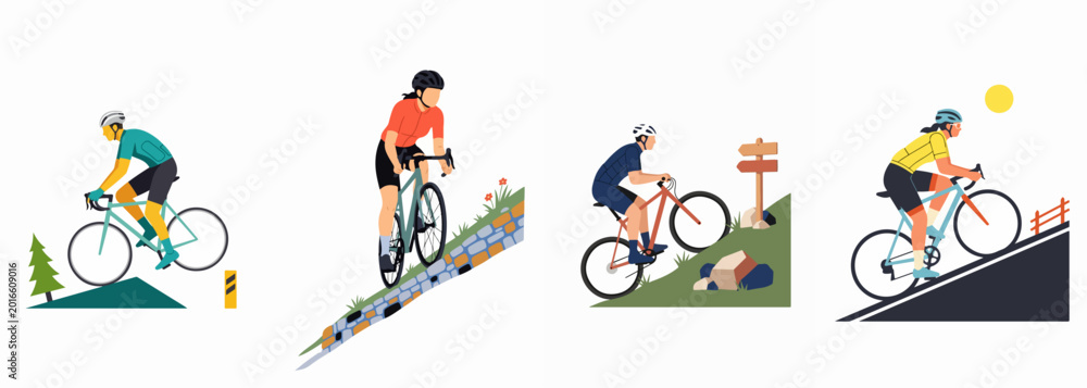Naklejka premium Set of four flat vector illustrations featuring diverse cyclists riding uphill on various terrains, including road, cobblestone, and mountain paths.