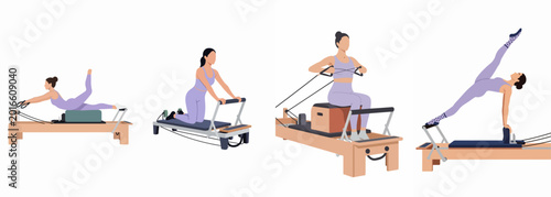 Minimalist vector illustration of a woman performing various exercises on a Pilates reformer machine, showcasing different poses for strength, flexibility, and core training.