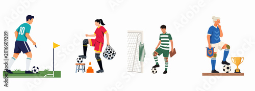 Vector illustration set of soccer players and coaches with equipment including balls, goals, cones, and trophies for sports training and victory concepts.